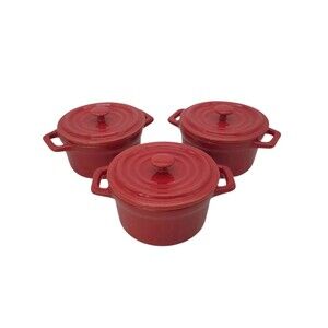 3 Red Stoneware Ceramic Mini Cocotte Small Casserole Dishes with Lids Ramekins